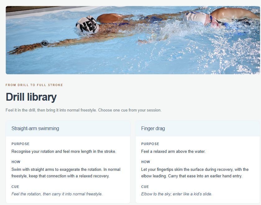 A preview of Sharon's coaching app, showing the drill library and technique cues.